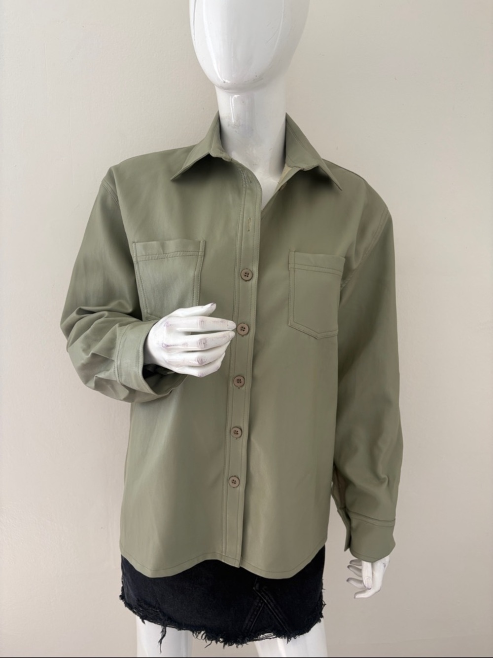 Motel Rocks Lumberjack Button Down Vega Faux Leather Shirt Jacket PU Olive Green
